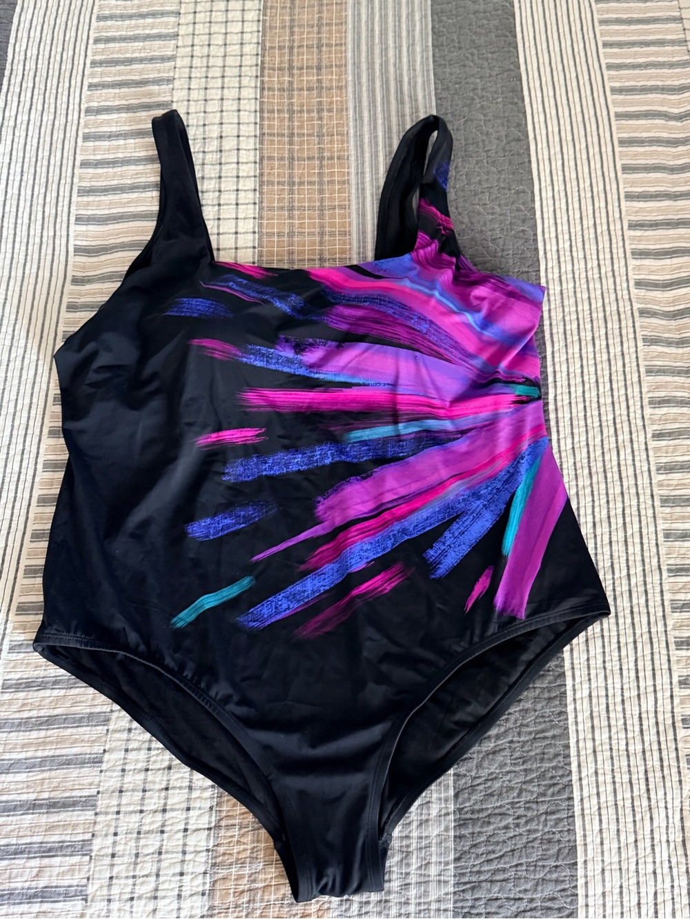 Swimsuits For All Black One-Piece with Pink, Purple & Blue Brushstroke Print